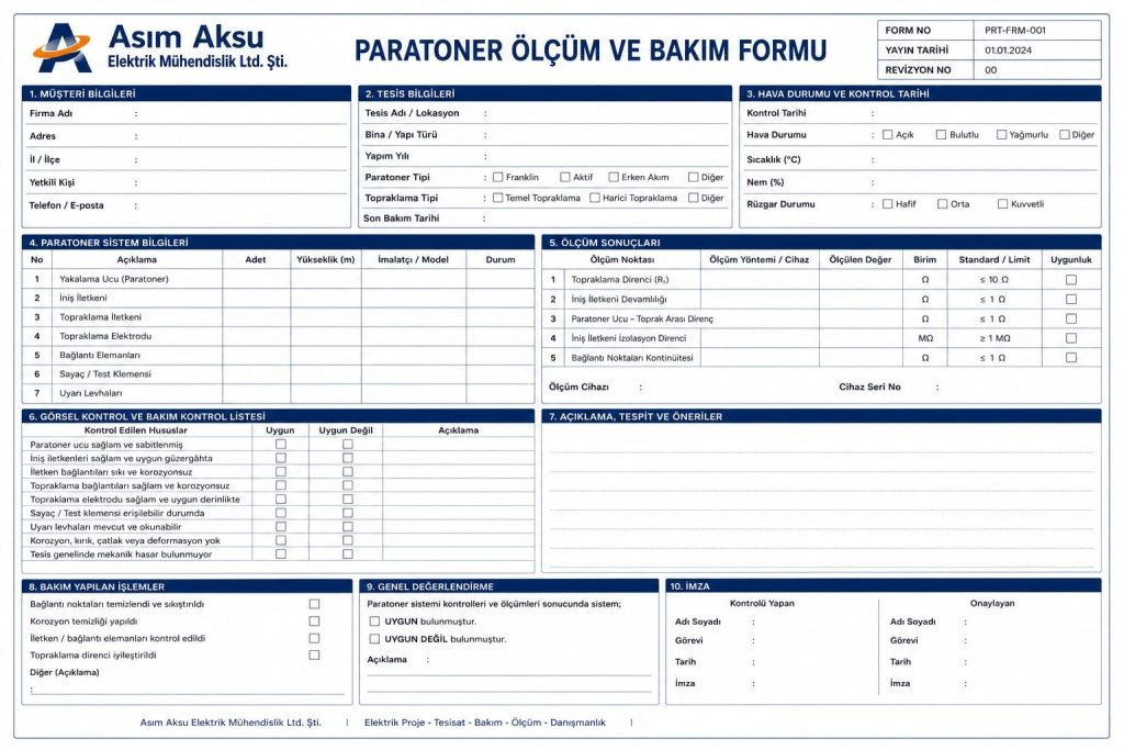 Antalya paratoner bakım formu, paratoner ölçümü, periyodik kontrol